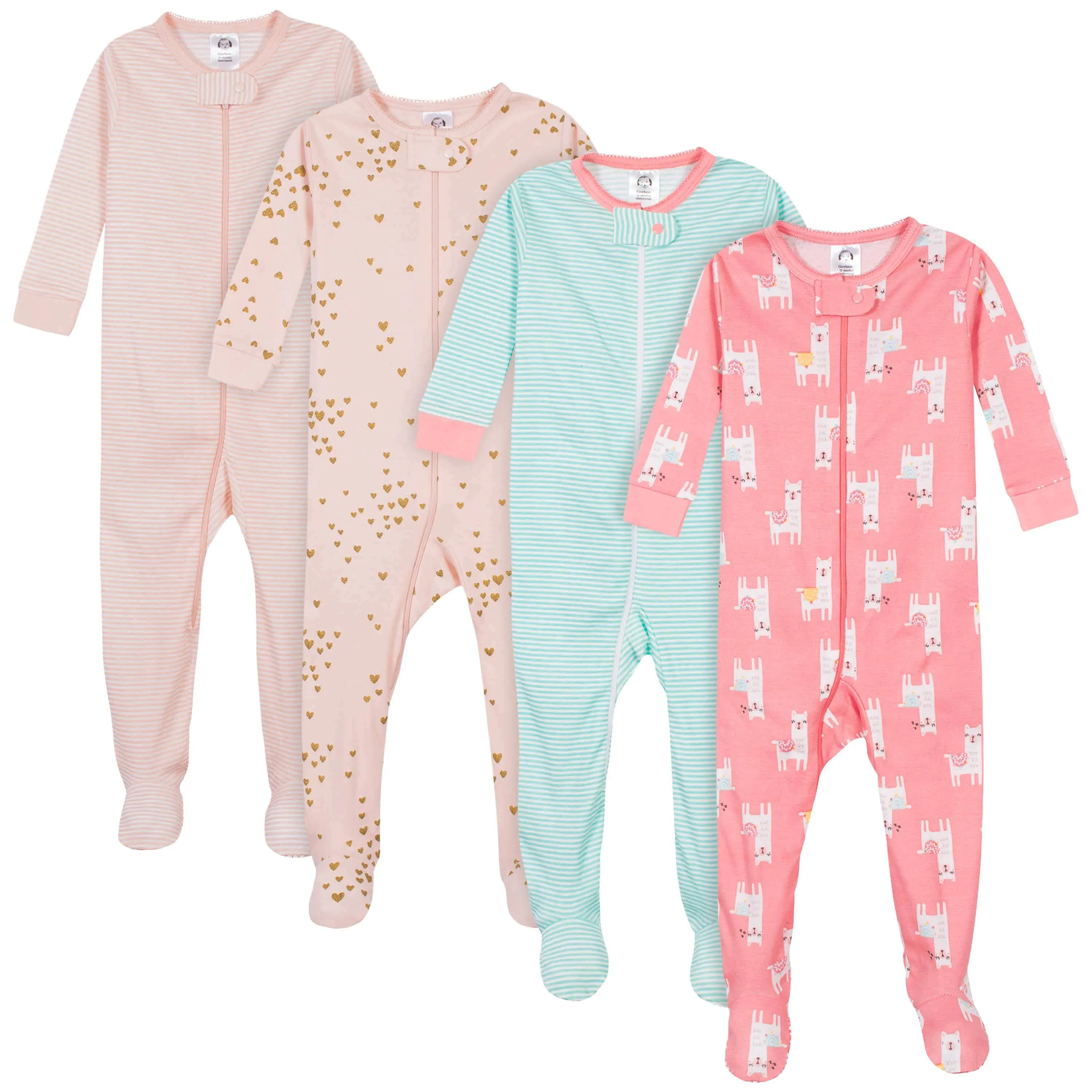 4-Pack Baby & Toddler Girls Llamas & Love Snug Fit Footed Cotton Pajamas