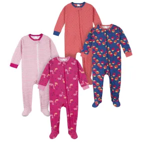 4-Pack Girls Berries & Flamingos Snug Fit Footed Cotton Pajamas