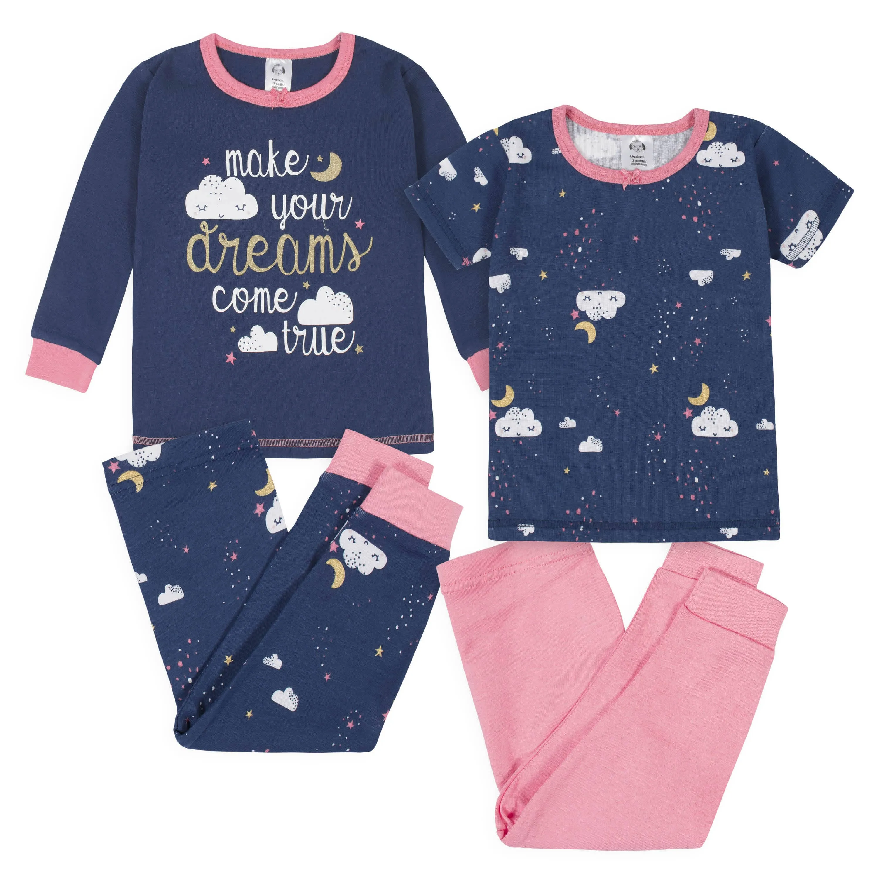 4-Piece Infant & Toddler Girls Dreams Snug Fit Cotton Pajamas