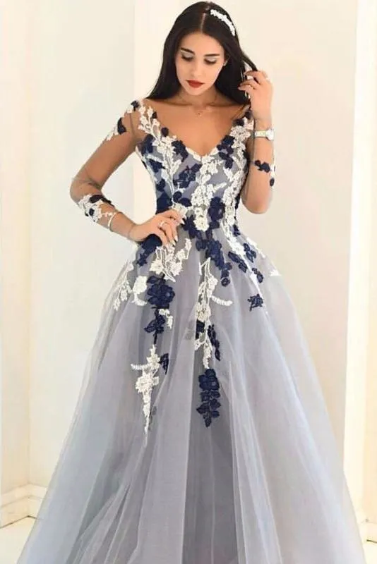 A-line V-neck Long Sleeves Tulle Dress with Appliques Cheap Prom Gown