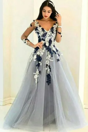 A-line V-neck Long Sleeves Tulle Dress with Appliques Cheap Prom Gown