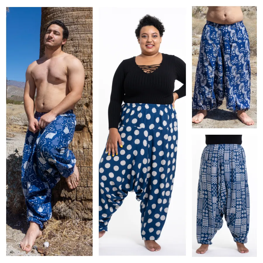 Assorted Set of 4 Plus Size Low Cut Cotton Harem Pants in Indigo