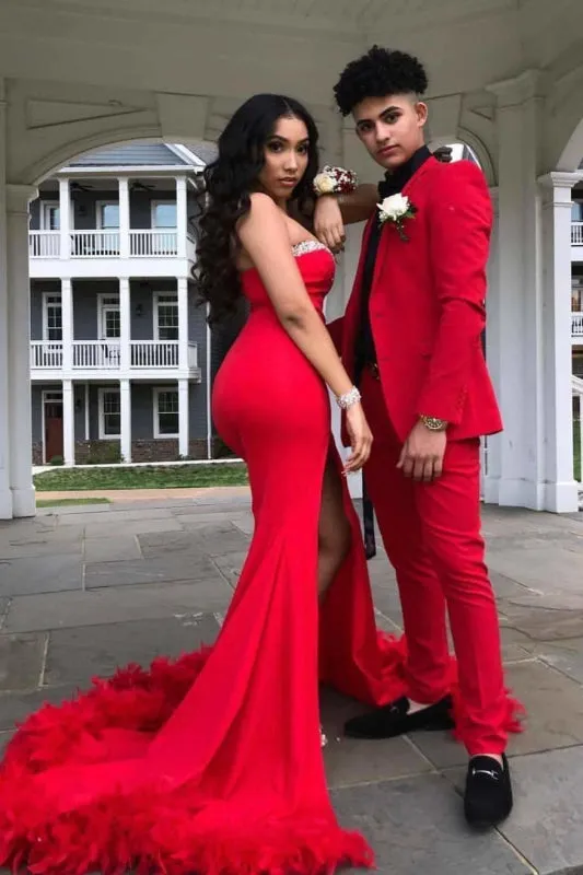 Beautiful Red Sweetheart Side Slit Prom Dresses with Feather