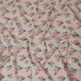 Beige blended Cotton Lawn Fabric with Pink and Blue Floral Embroidery - 110 cm Wide - D19593