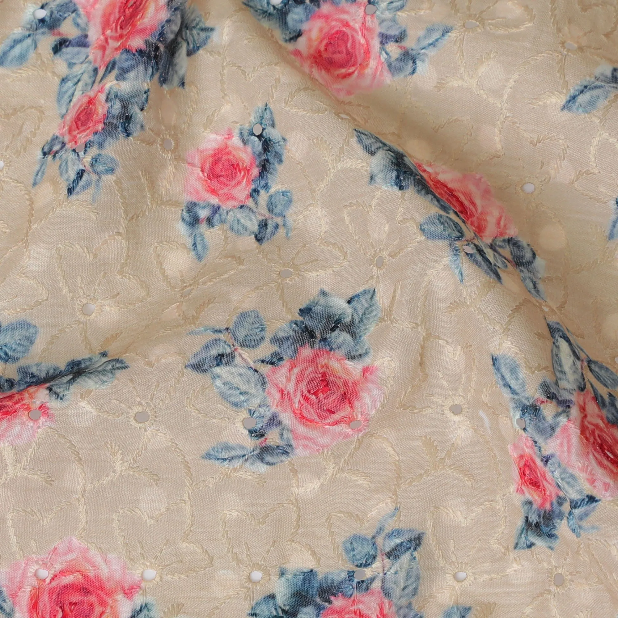 Beige blended Cotton Lawn Fabric with Pink and Blue Floral Embroidery - 110 cm Wide - D19593