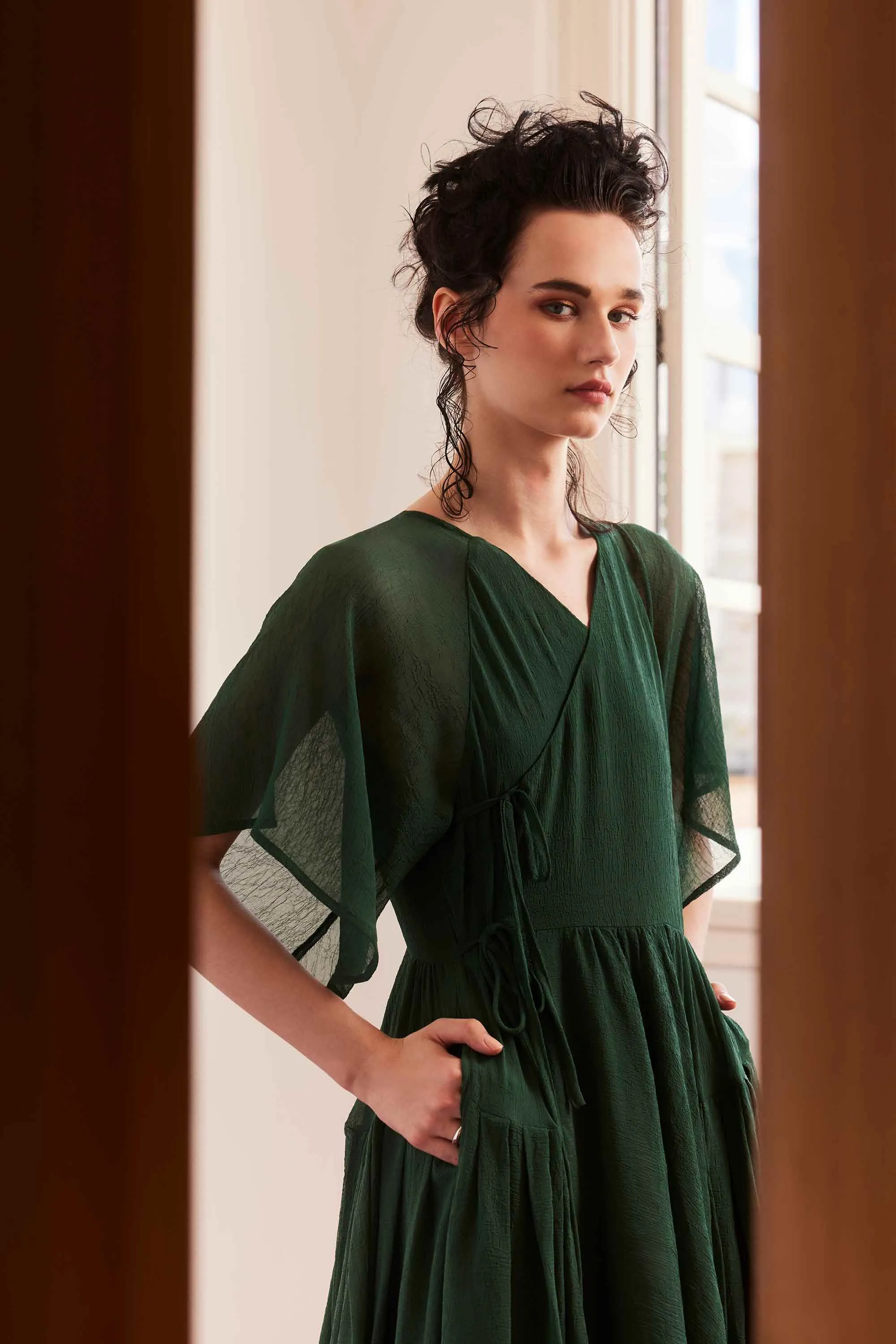 Billowing Wrap Dress (Dark Green)