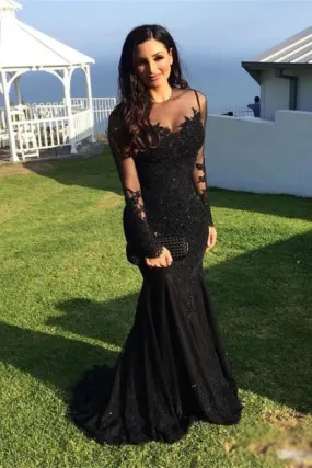 Black Mermaid Dresses Long Sleeves Lace Appliques Sheer Jewel Neck Prom Dress