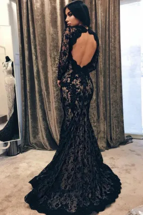 Black Mermaid Jewel Sleeve Lace Open Back Evening Dress Long Prom Dress