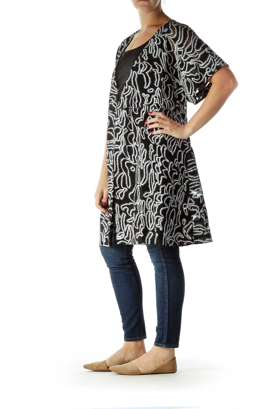 Black White Printed Wrap Work Dress Shell