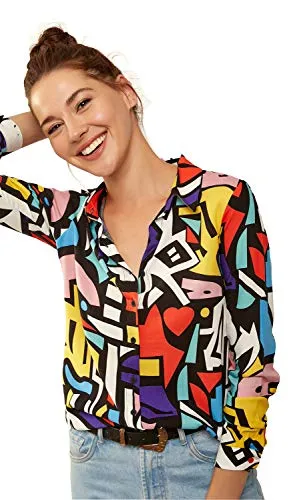 Blouses for Women Fashion, Casual Long Sleeve Button Down Shirts Tops(Geometric Print)