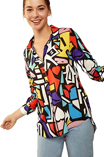 Blouses for Women Fashion, Casual Long Sleeve Button Down Shirts Tops(Geometric Print)