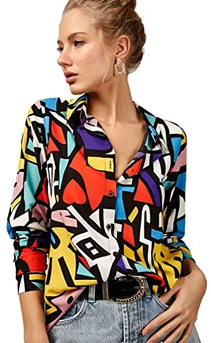 Blouses for Women Fashion, Casual Long Sleeve Button Down Shirts Tops(Geometric Print)