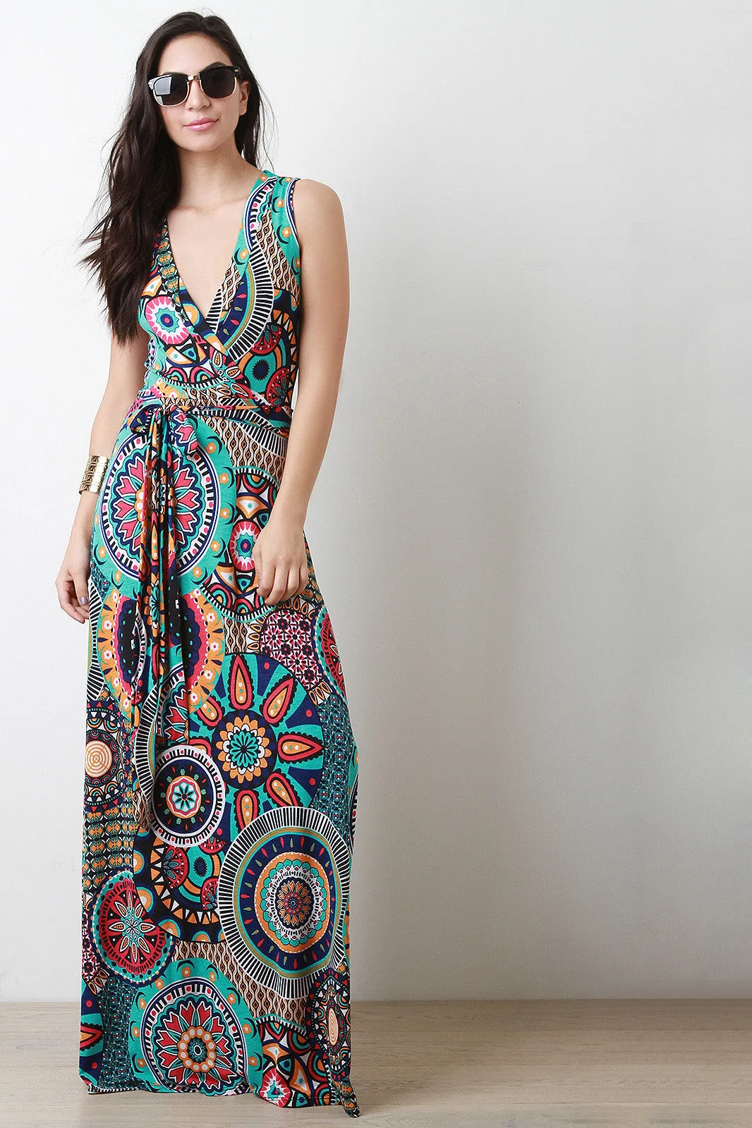 Boho Print Surplice Wrap Maxi Dress