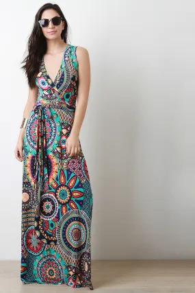 Boho Print Surplice Wrap Maxi Dress