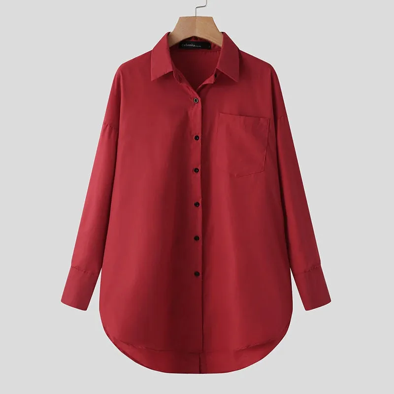 Breathable Solid Colored Turn-down Collar Long Sleeve Blouses