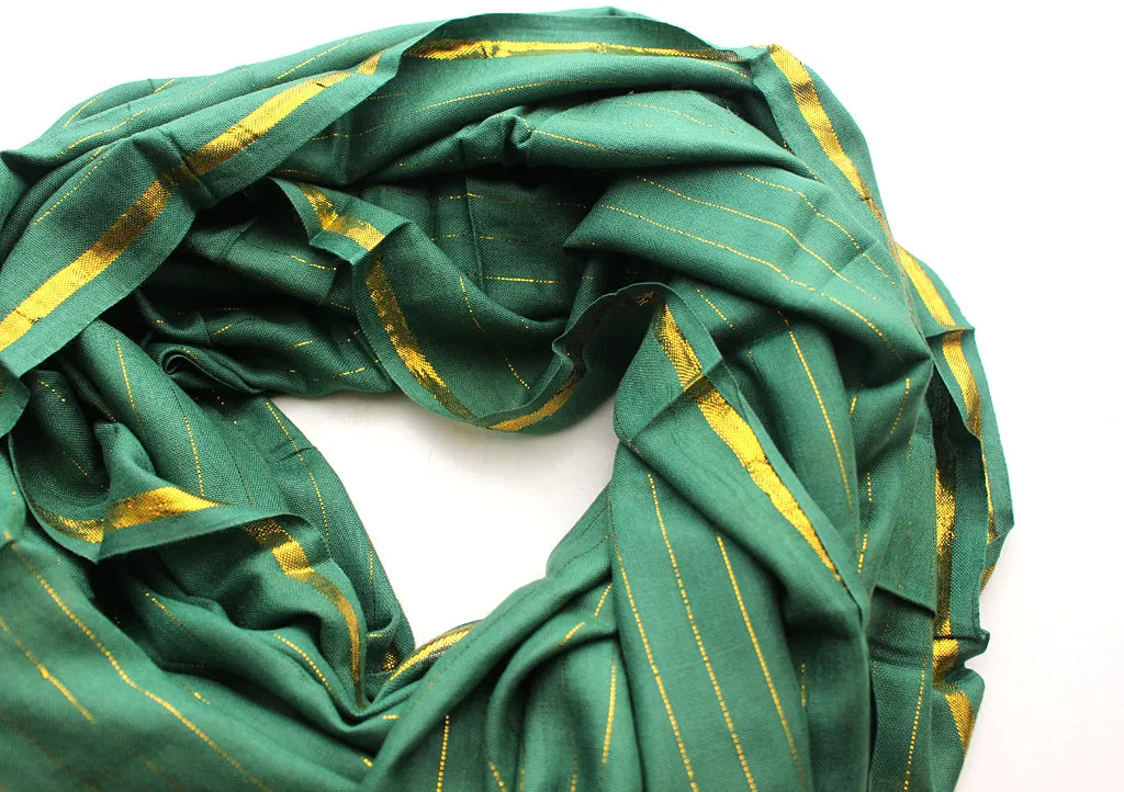 Bright Green Plain Jari Cotton Scarf with Golden Lining