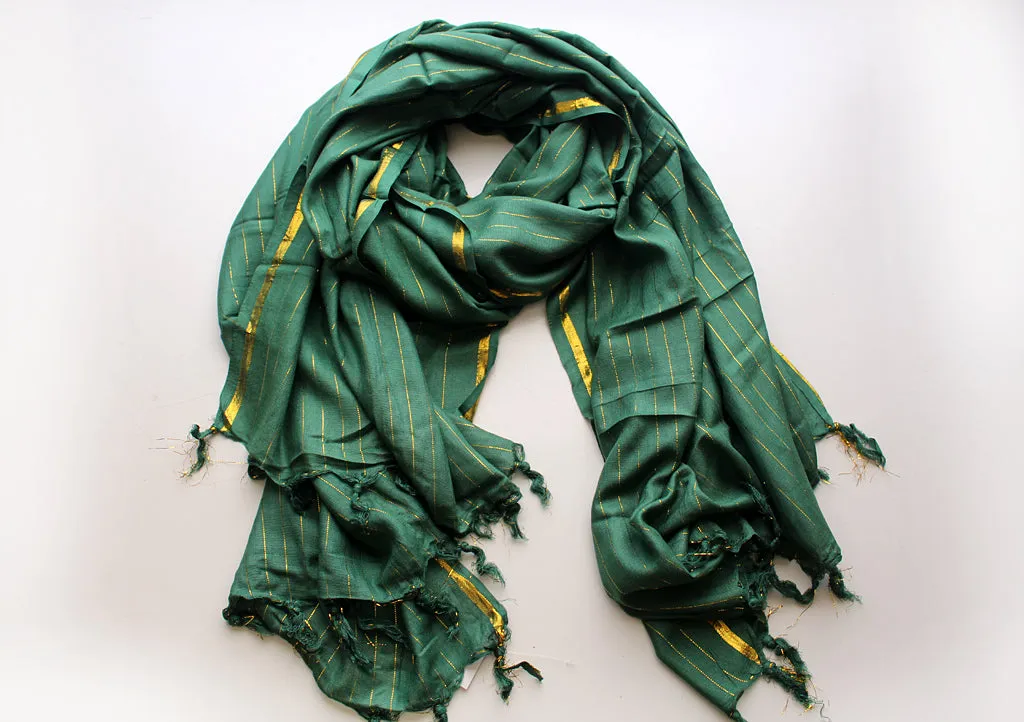 Bright Green Plain Jari Cotton Scarf with Golden Lining