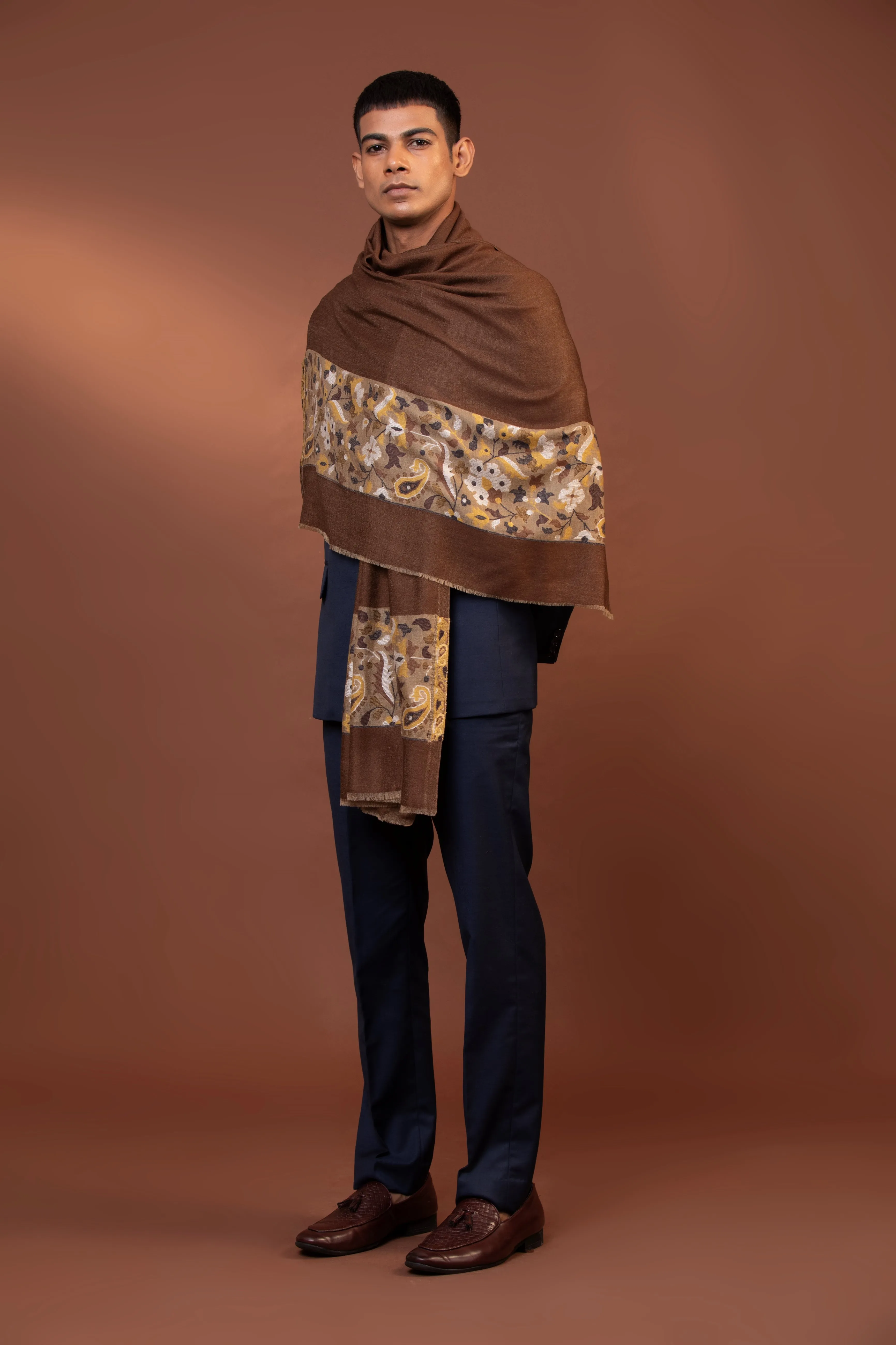 Brown Woven Shawl for Men in Fine Wool with Pawan Border Design