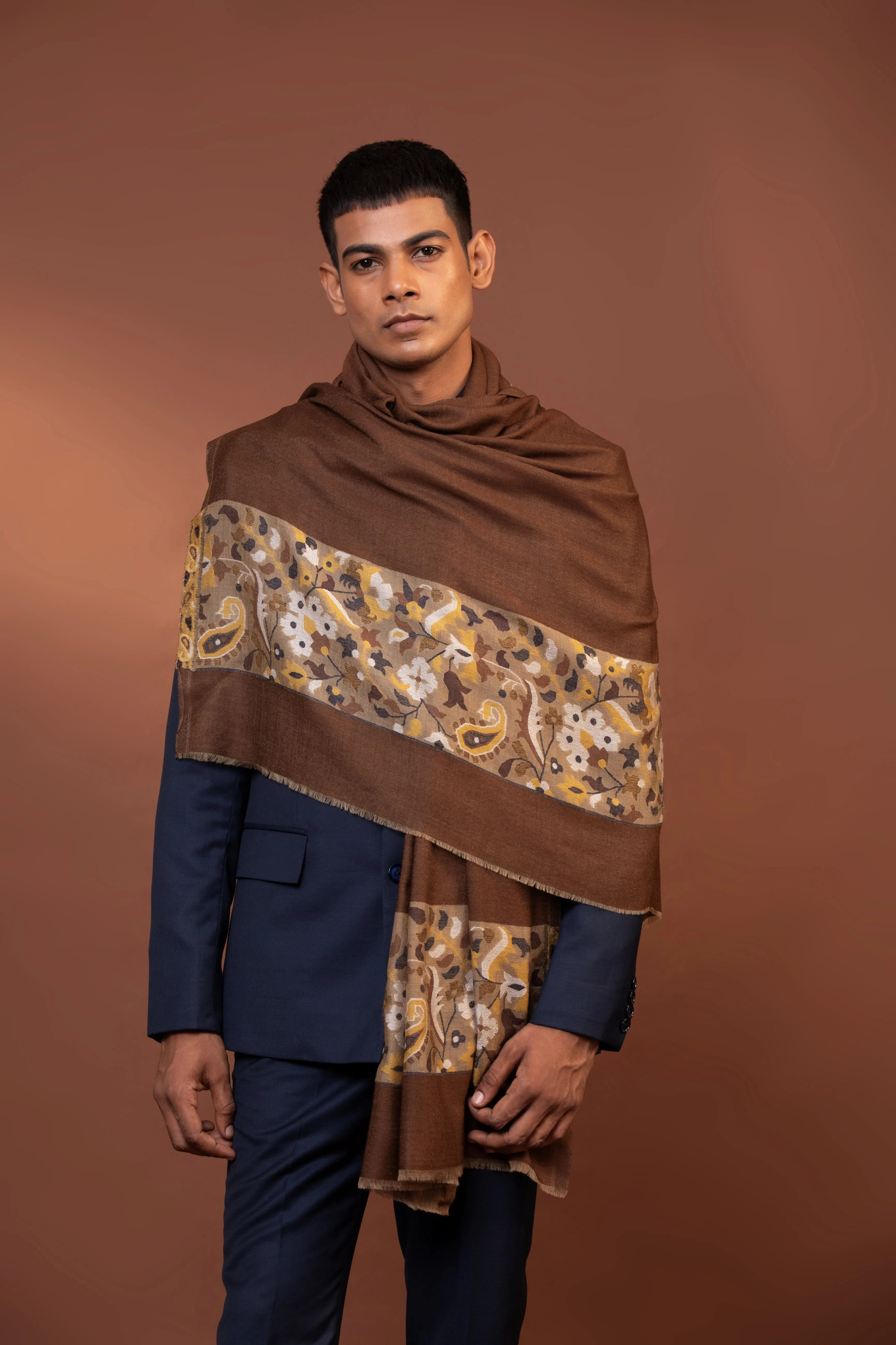 Brown Woven Shawl for Men in Fine Wool with Pawan Border Design