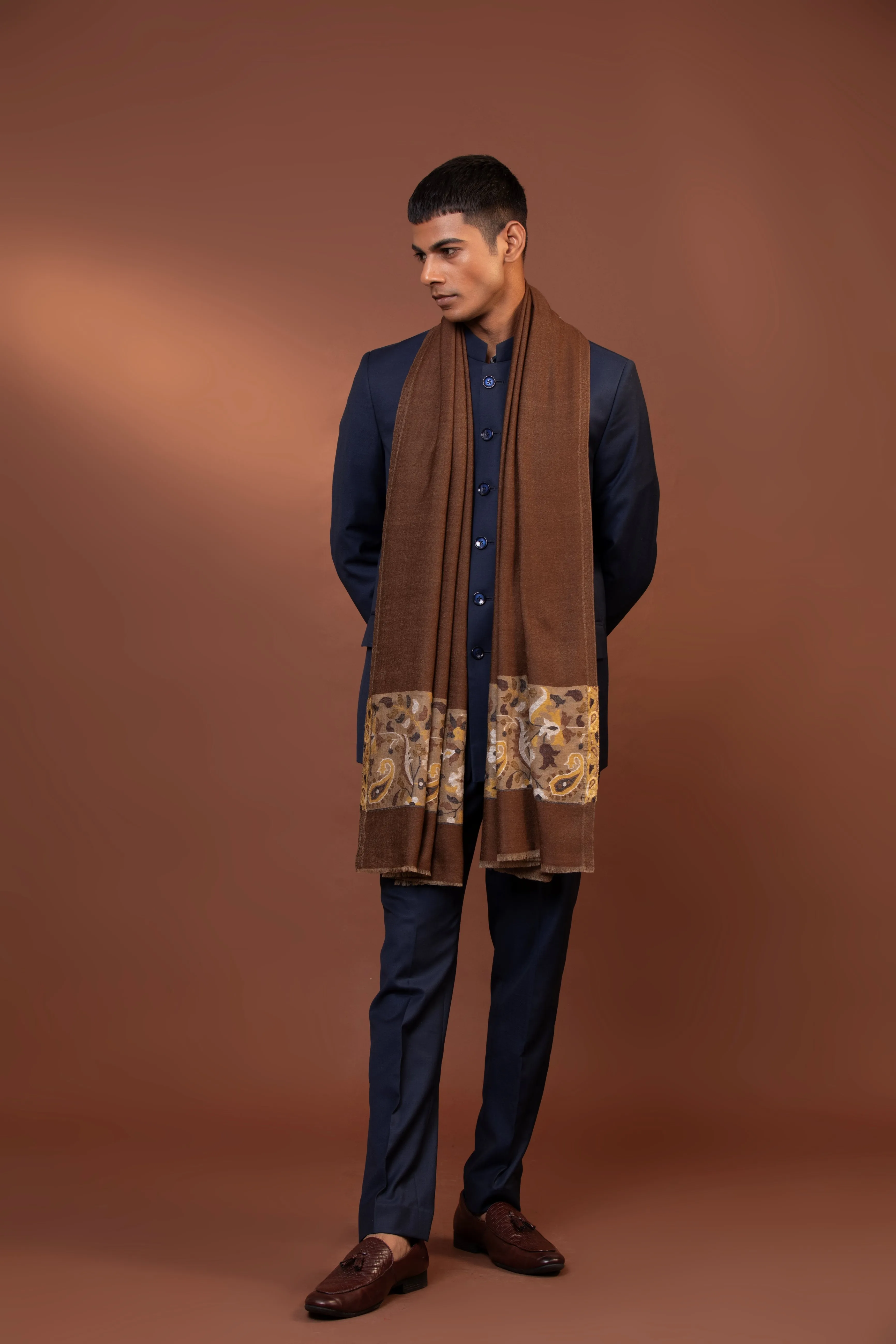 Brown Woven Shawl for Men in Fine Wool with Pawan Border Design