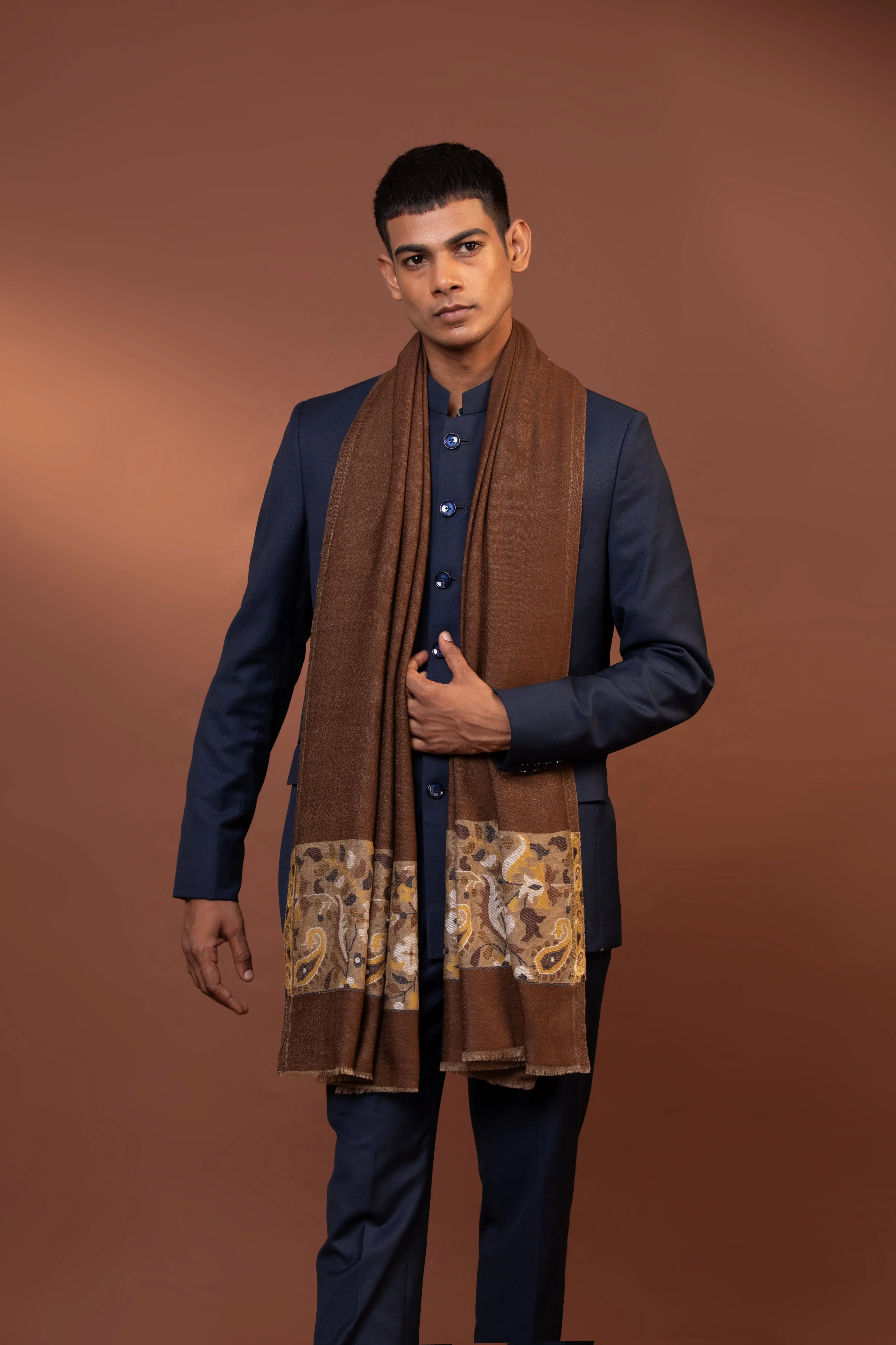 Brown Woven Shawl for Men in Fine Wool with Pawan Border Design