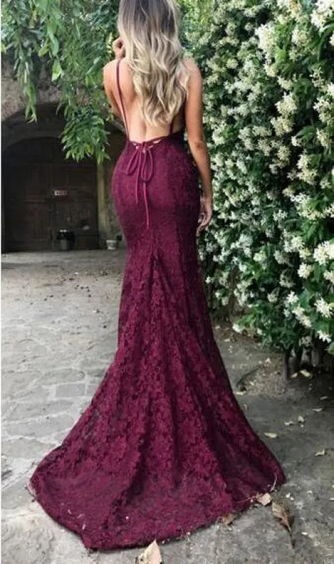 Burgundy Trumpet Spaghetti Straps V-neck Lace Sweep Train Mermaid Prom Dress