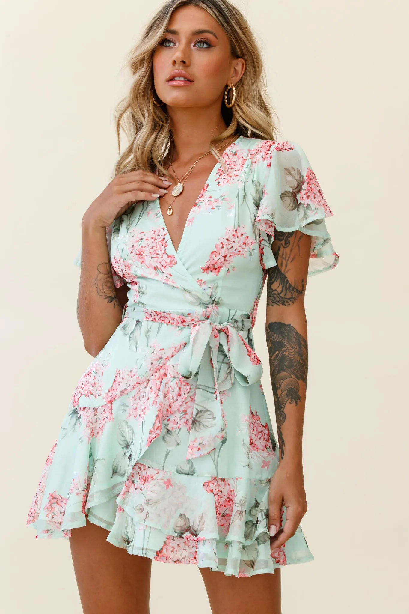 Cami Angel Sleeve Faux Wrap Dress Hydrangea Print Mint/Pink