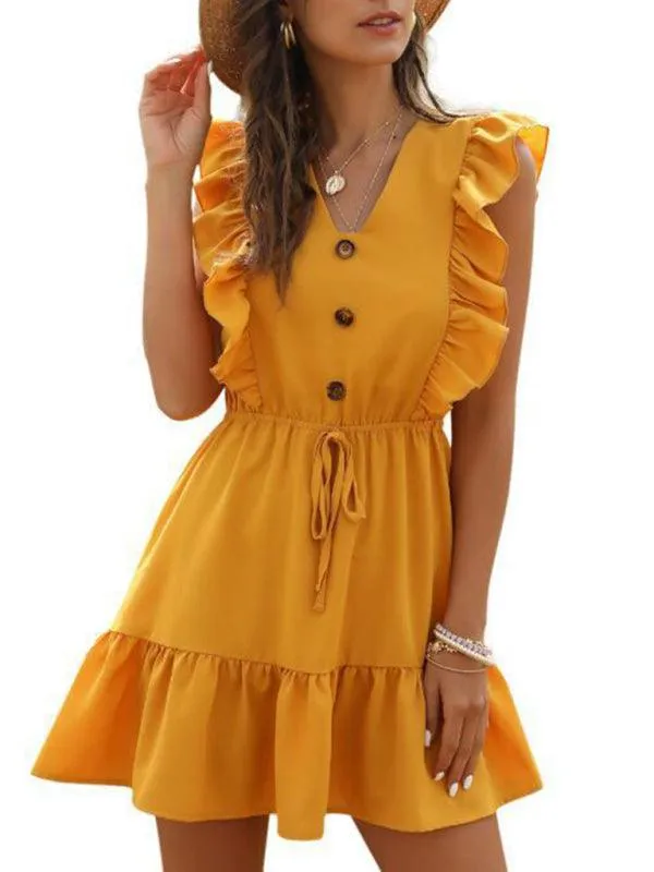 Charming Ruffled V-Neck Dress with Playful Bubble Hem