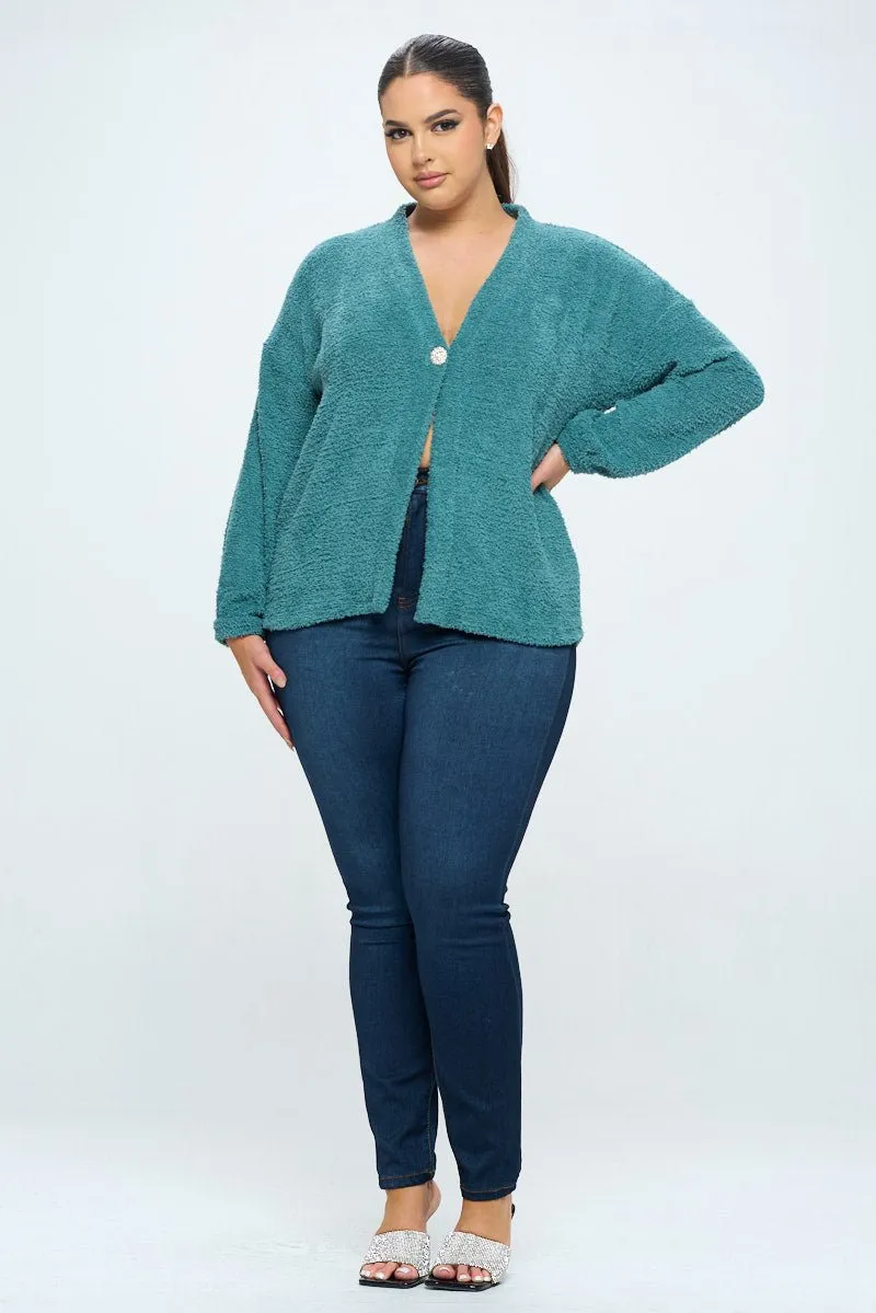 Clara Plus Size Furry One Button Cardigan