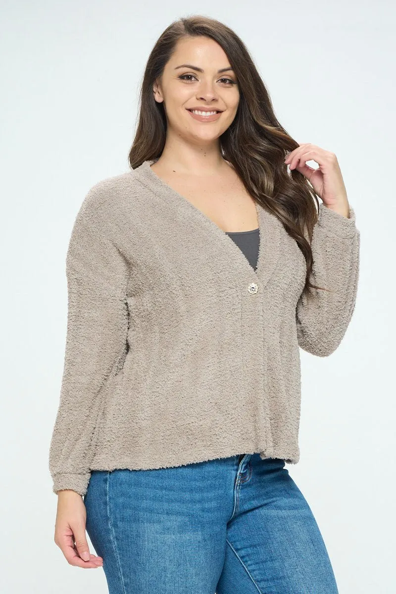 Clara Plus Size Furry One Button Cardigan