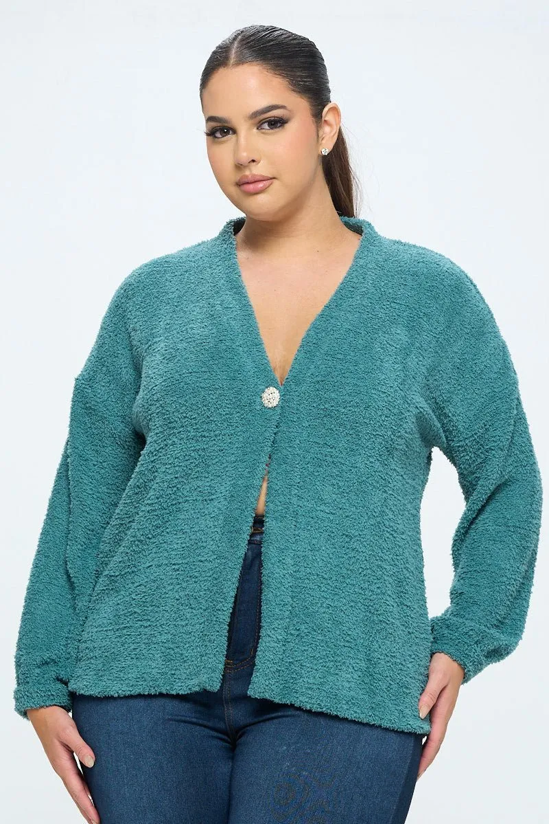 Clara Plus Size Furry One Button Cardigan