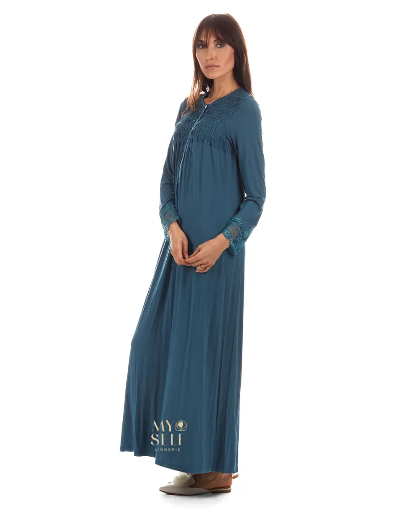 CNL07402 Teal Smocking Placket Modal Nightgown