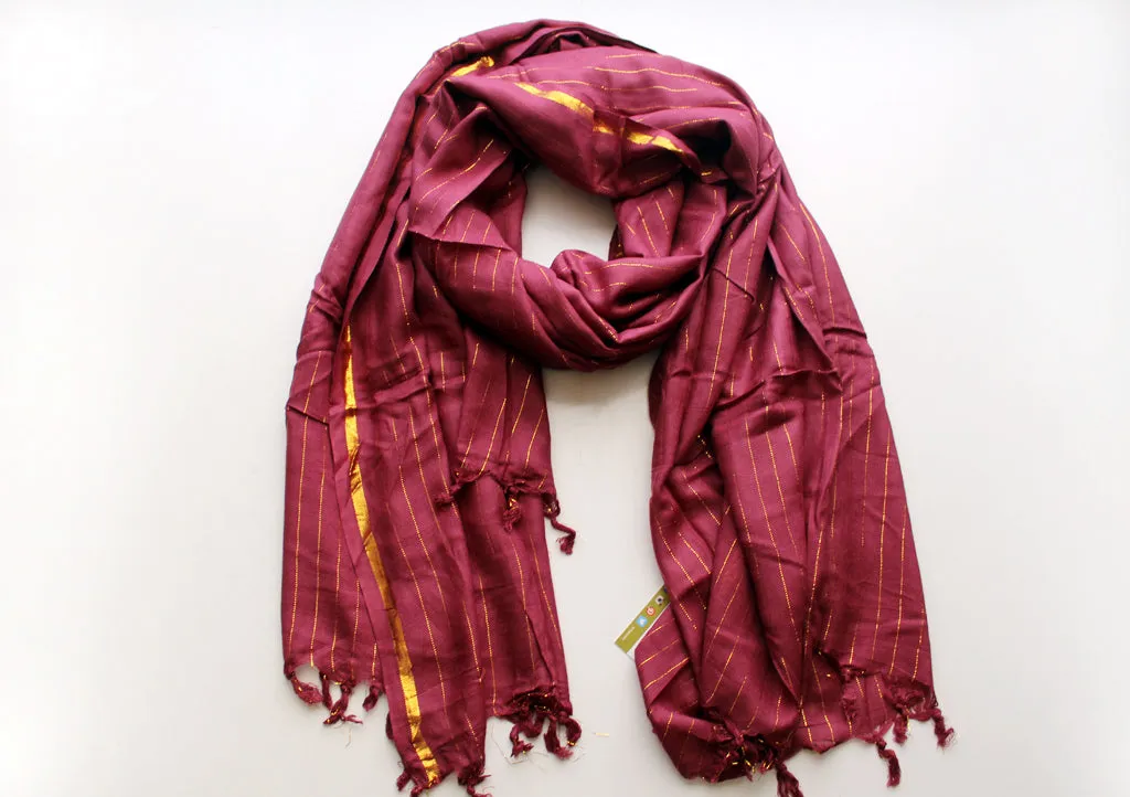 Coffee Marron Plain Jari Cotton Scarf with Golden Lining