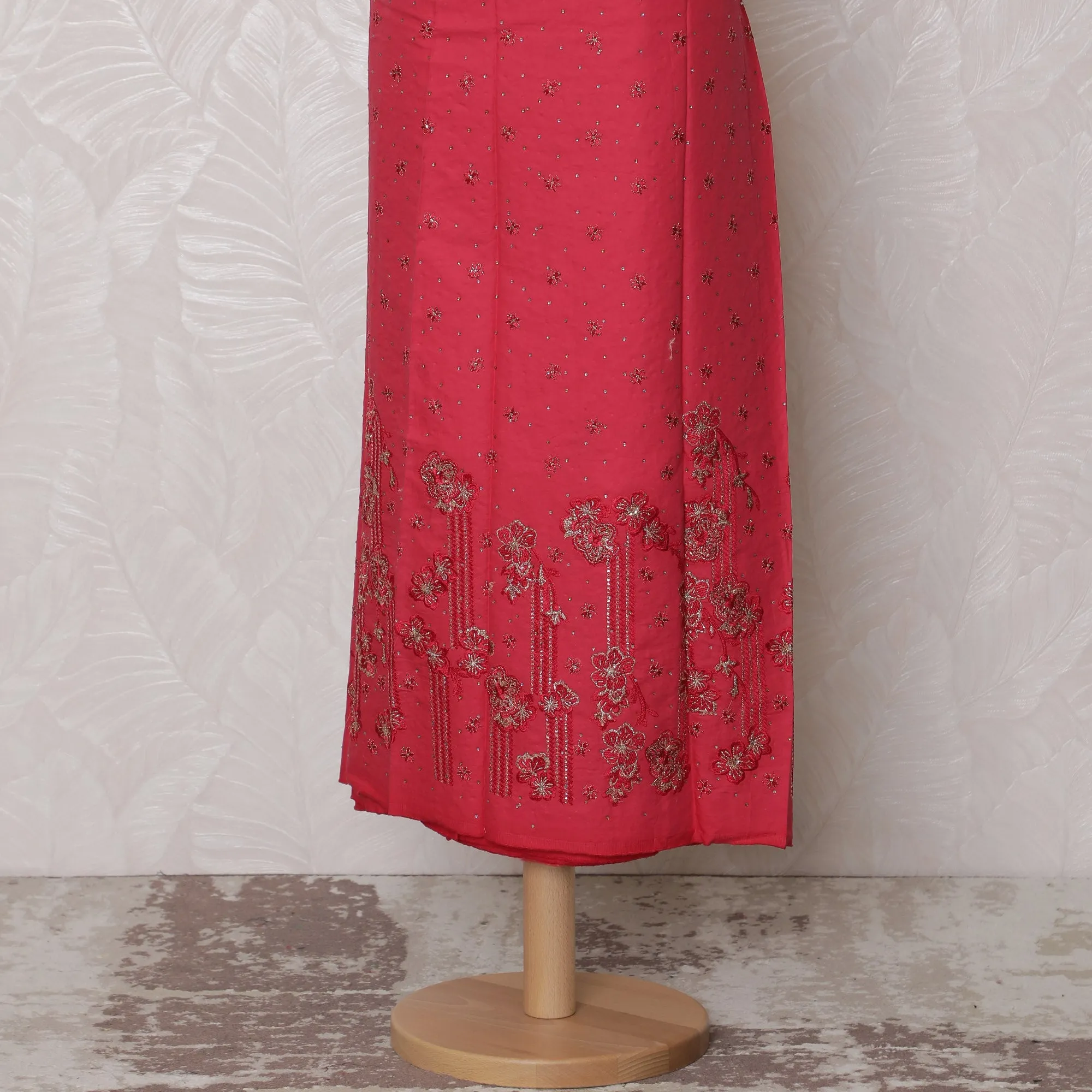 Elegant Red Blended Cotton Fabric with Intricate Floral Embroidery - 110 cm Width X 3.0 Mtrs-D19764