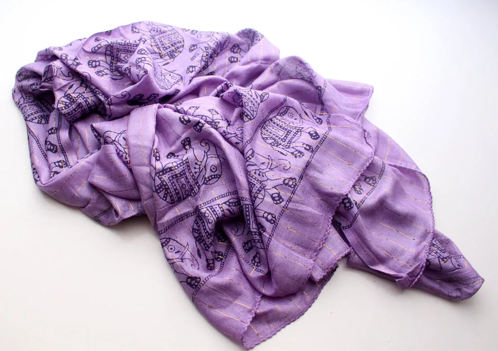 Elephant Print Purple Jari Shawl