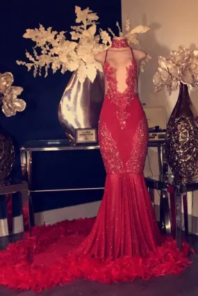 Exquisite Red Halter Sleeveless Sequins Mermaid Prom Dresses with Train