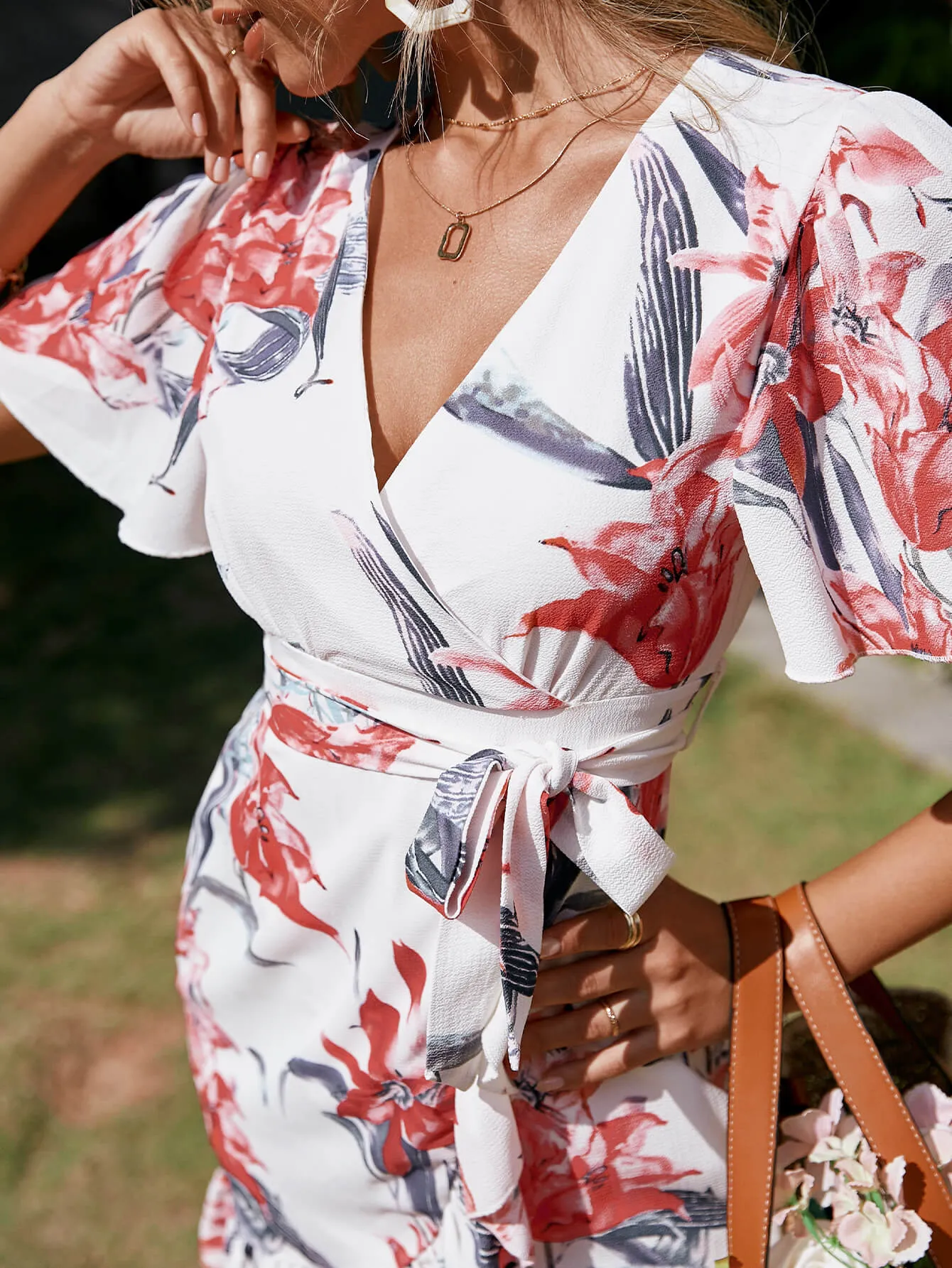 Floral Belted Ruffle Hem Surplice Wrap Dress