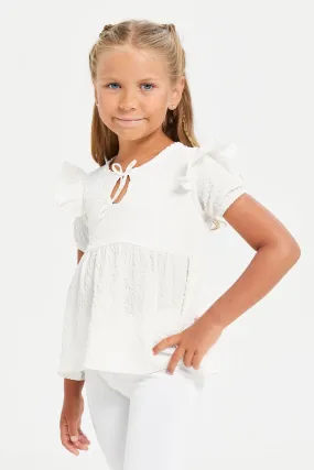 Girls White Short Sleeve Jacquard Blouse