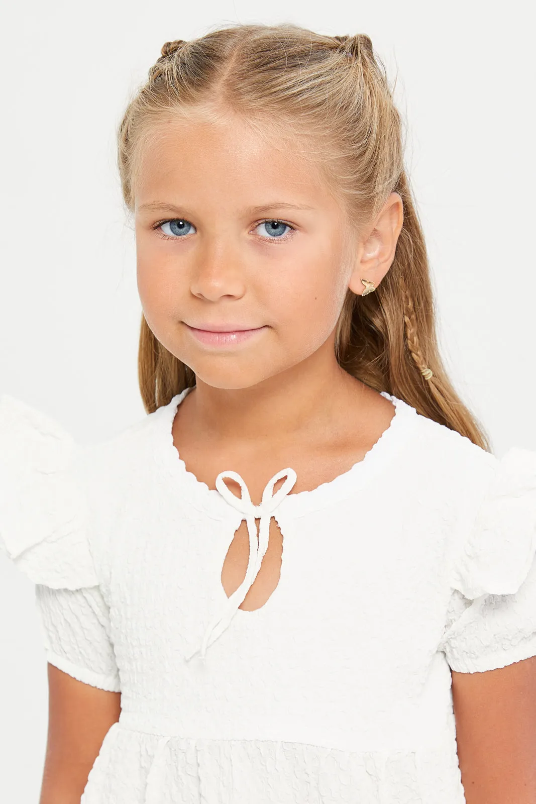 Girls White Short Sleeve Jacquard Blouse