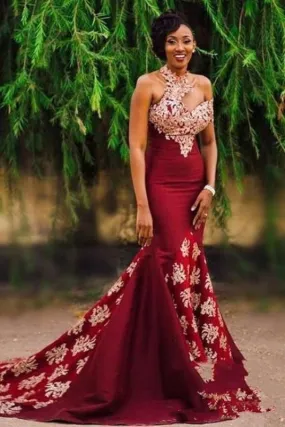 Gorgeous Burgundy Mermaid Prom Dress Long Appliqued Sleeveless Evening Dresses