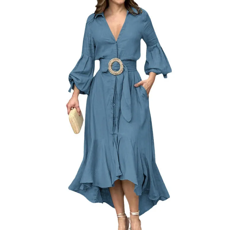 Green Casual Full Sleeve V Neck Lapel Long Dress