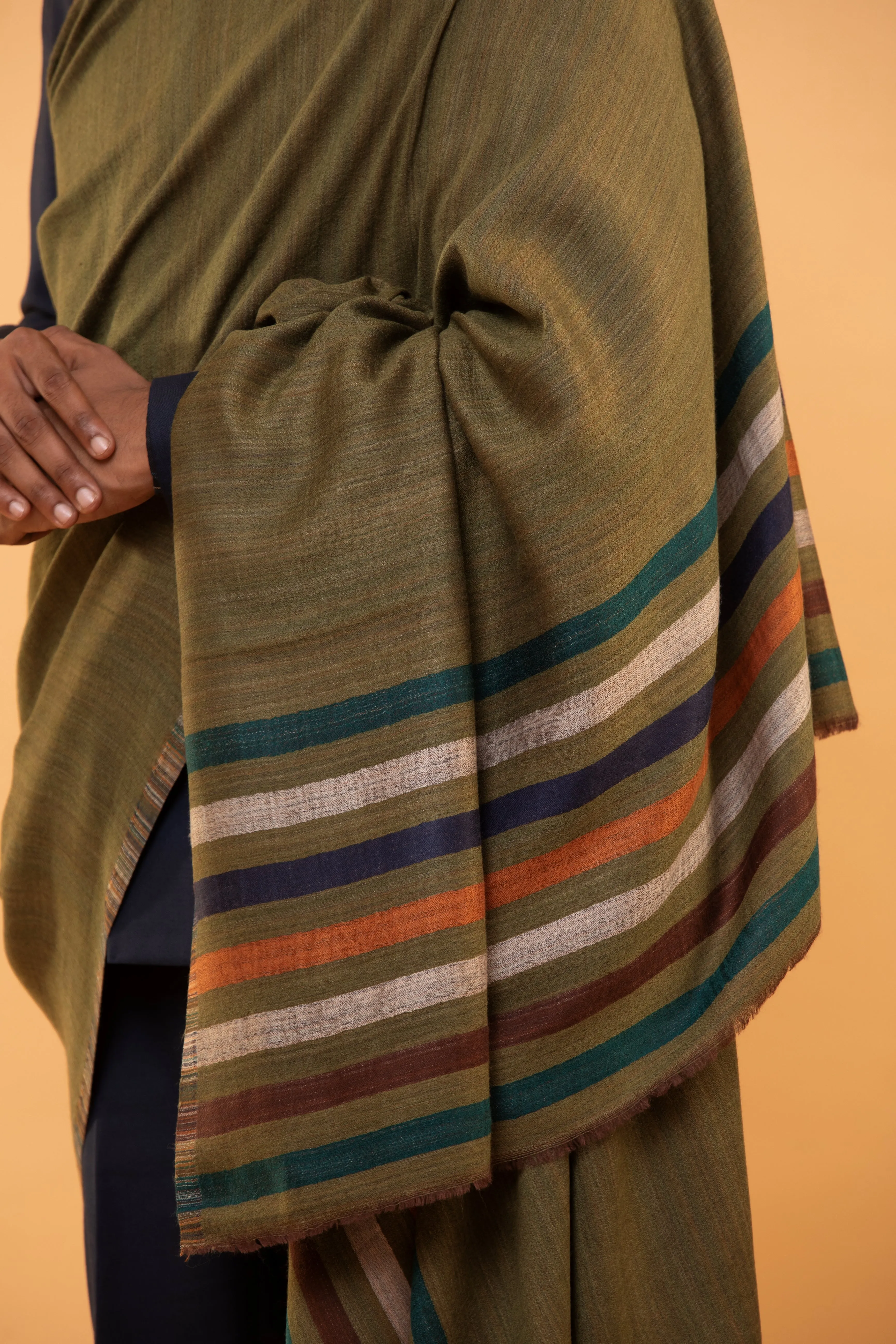 Green Wool Hand Woven Shawl with striped border