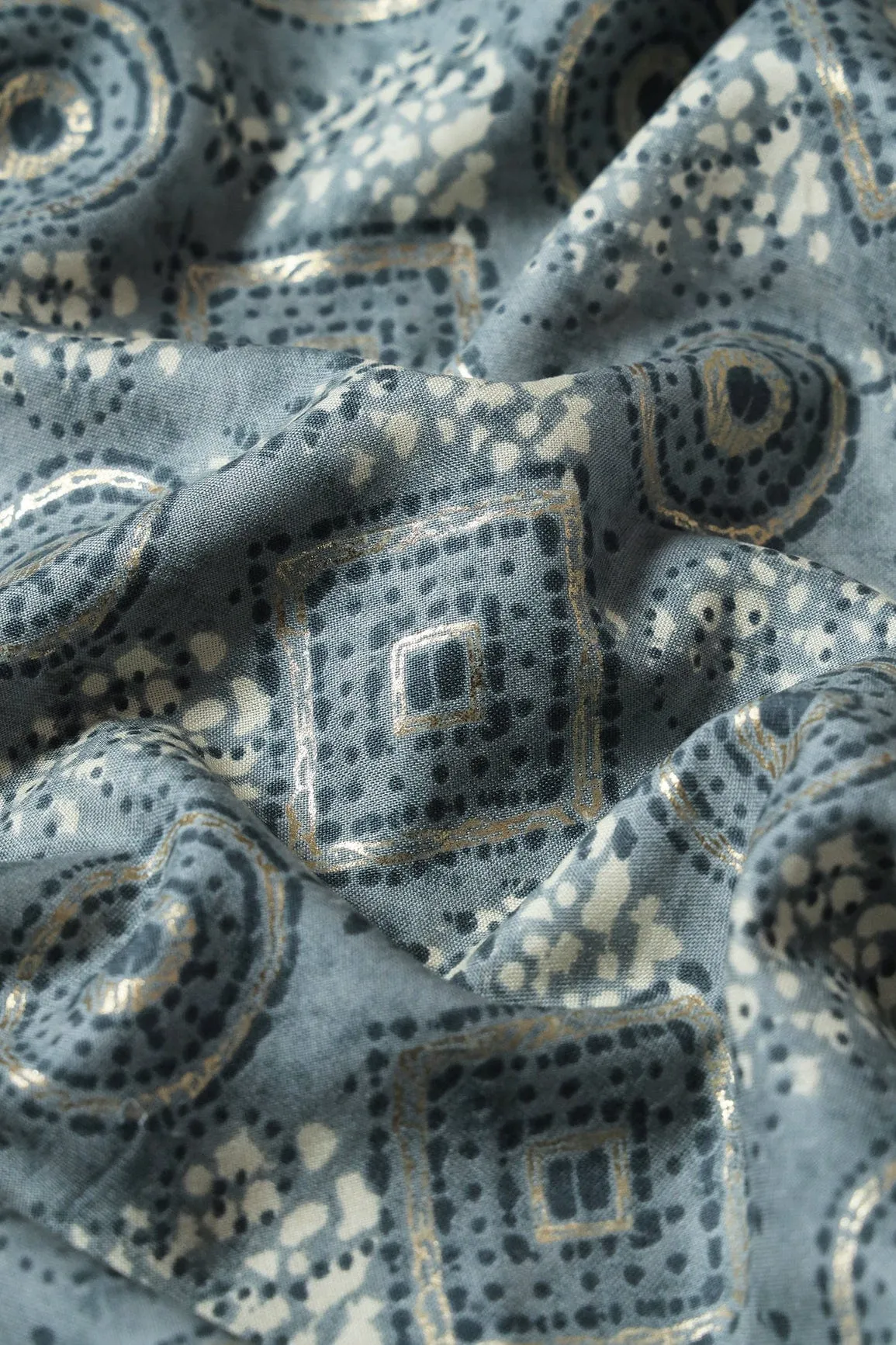 Grey And Cream Geometric Foil Print On Pure Rayon Fabric