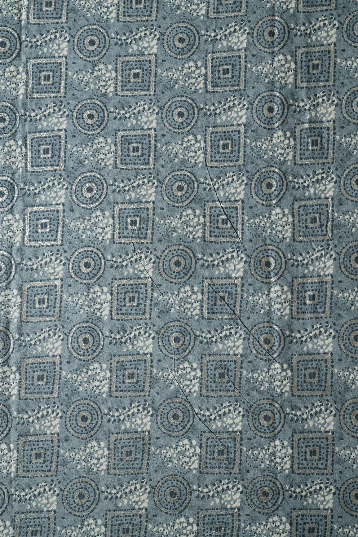 Grey And Cream Geometric Foil Print On Pure Rayon Fabric