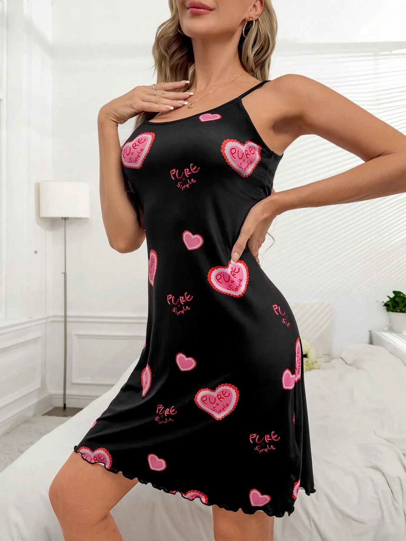 Heart & Letter Graphic Lettuce Trim Cami Pajama Nightdress