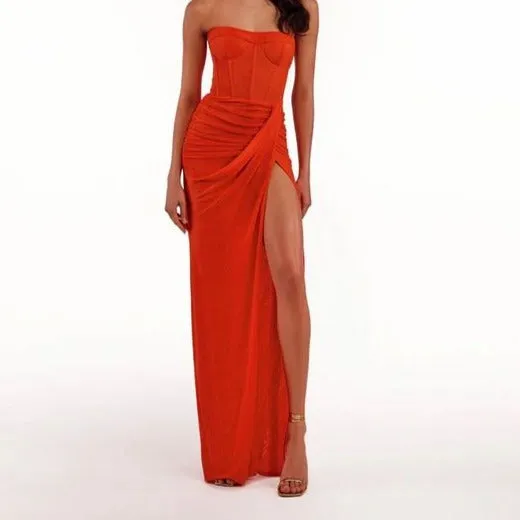 KittenAlarm - Beatrice Ruched Slit Bandeau Maxi Dress