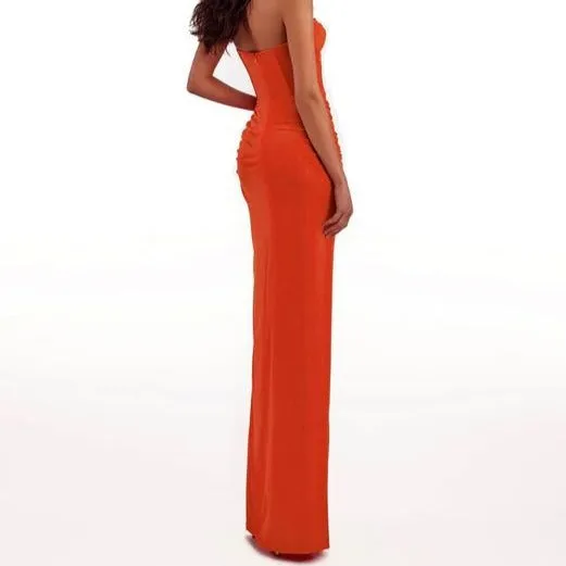 KittenAlarm - Beatrice Ruched Slit Bandeau Maxi Dress