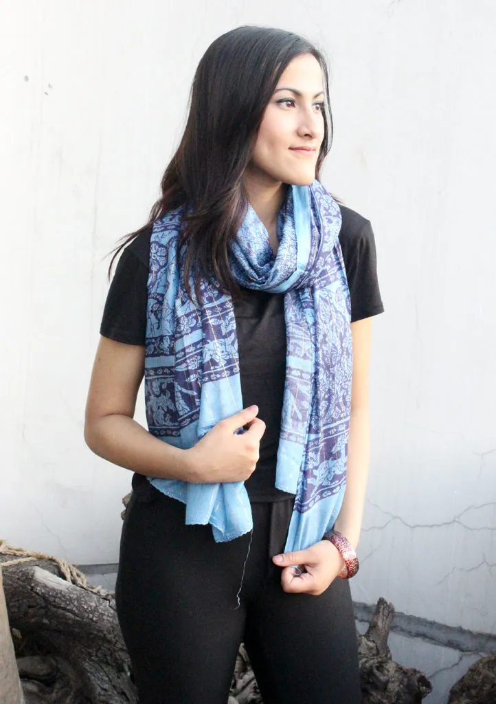 Light Blue Flower Print Cotton Scarf