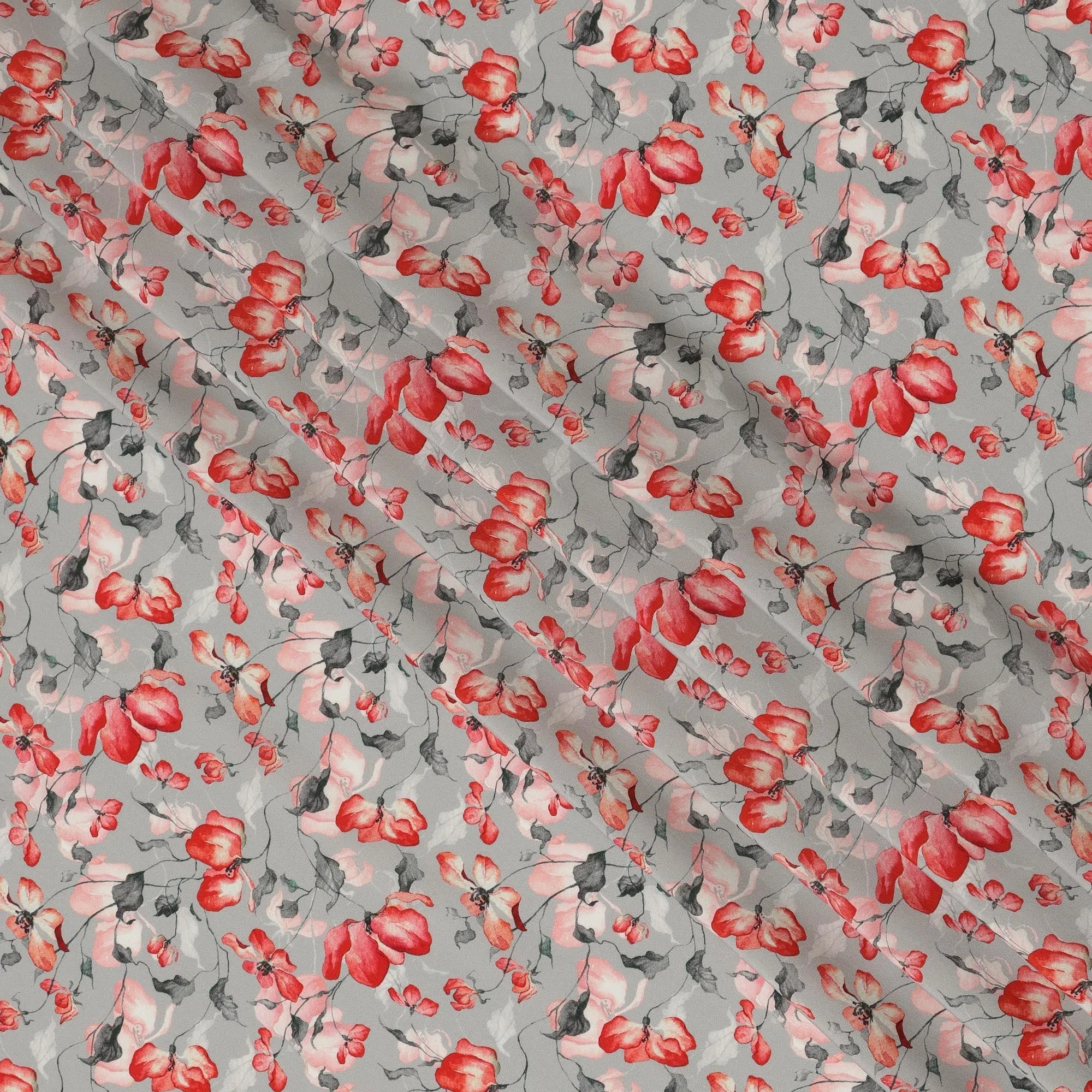 Light Grey Viscose Fabric with Red and Pink Floral Digital Print, 110 cm Width-D20624