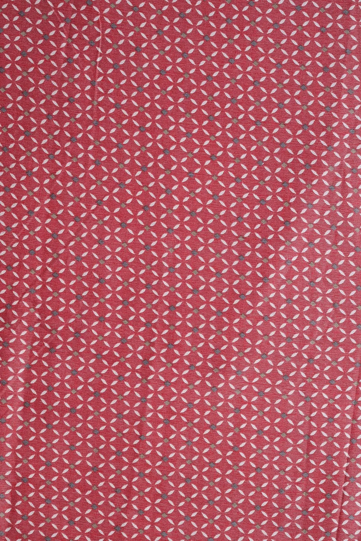 Light Maroon And White Geometric Pattern On Pure Rayon Fabric